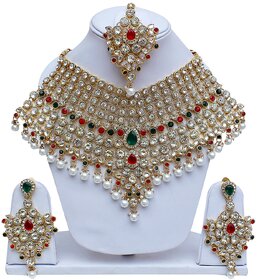 Lucky Jewellery Red Green Semi Bridal Dulhan Wedding & Engagement Necklace set With Mang Tikka
