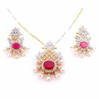 GehnaVille Designer Gold Plated Metal Alloy Double Peacock American Diamond and Ruby Pendant Set With Chain For Women And Girls.