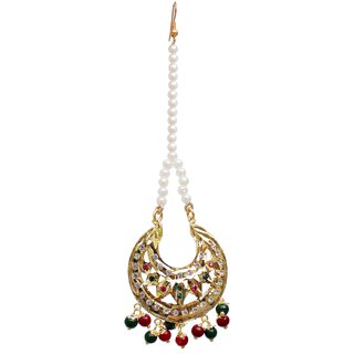 Lucky Jewellery Designer Magenta Green Color Gold Plated Maang Tikka For Women.