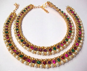 Rainbow color stone pearl golden anklet