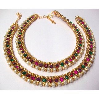 Rainbow color stone pearl golden anklet