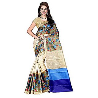Meia Gold & Blue Bhagalpuri Silk Block Print Saree With Blouse
