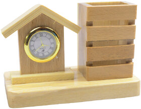 Pen Holder Stand Cum Clock In Wooden Finishing Table Desk Clock 335.