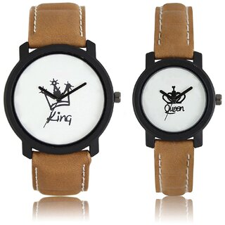 5Star Round Dial Brown Leather Strap Analog Men'S  Women'S Couple Watch - Lr-King Queen.