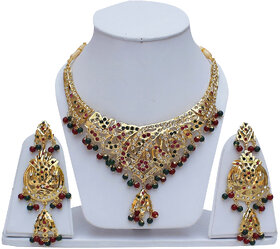 Lucky Jewellery Designer Magenta Green Color Gold Plated Navratan Necklace Set For Girls & Women