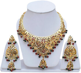 Lucky Jewellery Designer Magenta Green Color Gold Plated Navratan Necklace Set For Girls & Women