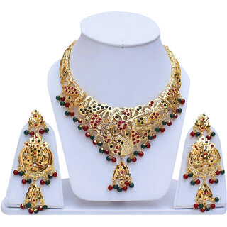 Lucky Jewellery Designer Magenta Green Color Gold Plated Navratan Necklace Set For Girls & Women