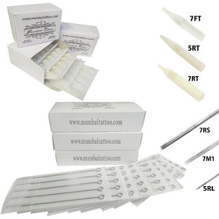 MUMBAI TATTOO WHITE NEEDLES 5RL,7RS,7M1 ROUND MAGNUM LINER, SHADER WITH TIPS 5RT,7RT,7MFT (PACK OF 3 NEEDLES BOX 3 TIPS)