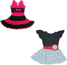 Flora's Self Design Cotton Frocks For Girls (Combi Pack of 2)