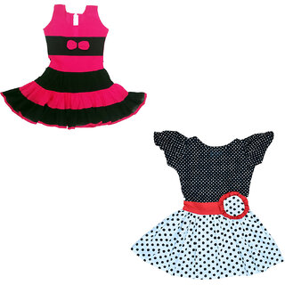 Flora's Self Design Cotton Frocks For Girls (Combi Pack of 2)