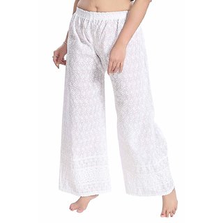 Partr wear Chikan Women's Cotton Hand Embroidered Palazzo Pant (White)