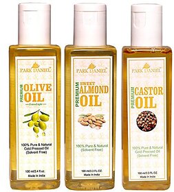 Park Daniel Premium Extra Light Olive Oil Sweet Almond oil and Castor Oil Combo of 3 No.100 ml Bottles(300 ml)