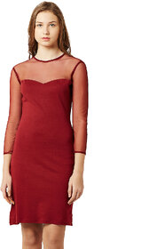 Women's Maroon Round Neck Full Sleeve Solid Knee-Long Shift Dress