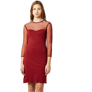 Women's Maroon Round Neck Full Sleeve Solid Knee-Long Shift Dress