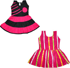 Flora's Self Design Cotton Frocks For Girls (Combi Pack of 2)
