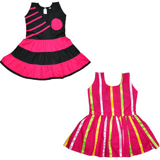 Flora's Self Design Cotton Frocks For Girls (Combi Pack of 2)