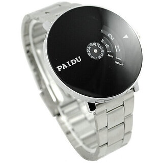 New Men look Stainless Silver Band PAIDU brand handsome and wise Wrist Watch Black Turntable Dial Men's Gift