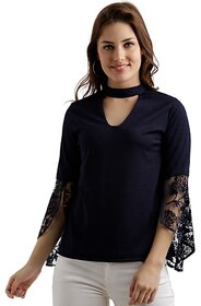 Miss Chase Women's Navy Blue Round Neck 3/4 Sleeve Solid Lace Semi Sheer Split Sleeve Choker Style Top