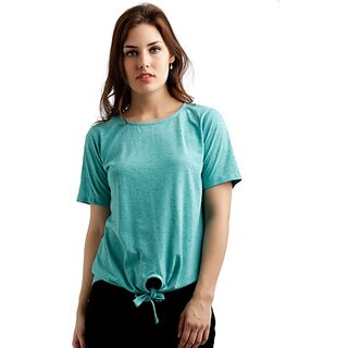 Miss Chase Women's Turquoise Blue Round Neck Half Sleeve Solid Knotted Textured Top