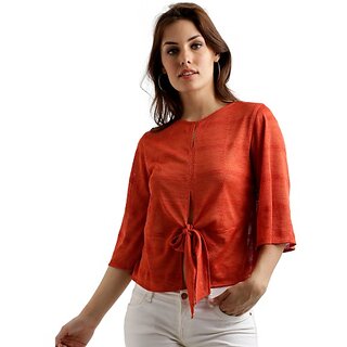 Miss Chase Women's Orange Round Neck Half Sleeve Solid Front Slit Knotted Top