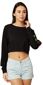 Women's Black Round Neck Full Sleeve Solid Cotton Embroidered Floral Patchwork Boxy Crop Top