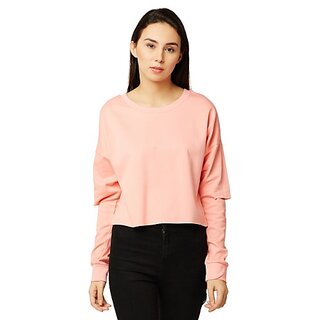Women's Pink Round Neck Full Sleeve Solid Cut Out Sweatshirt.