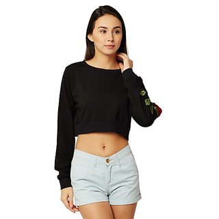 Women's Black Round Neck Full Sleeve Solid Cotton Embroidered Floral Patchwork Boxy Crop Top