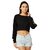 Women's Black Round Neck Full Sleeve Solid Cotton Embroidered Floral Patchwork Boxy Crop Top