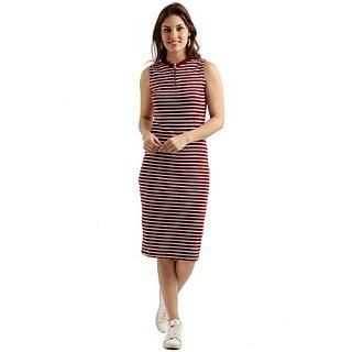 Miss Chase Women's Maroon and White Round Neck Sleeveless Striped Bodycon Dress