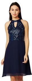 Women's Navy Blue Round Neck Sleeveless Solid Sequin Flowy Knee-Long Skater Dress