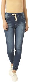 Women's Navy Blue Relaxed Fit Mid Rise Regular Length Scraped Denim Stretchable Jogger Pants