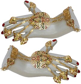 Lucky Jewellery Elegant Magenta Green Color Gold Plated Stone Hand Bracelet Bridal Hathphool For Girls & Women