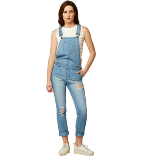 Miss Chase Women'S Light Blue Regular Denim Dungaree