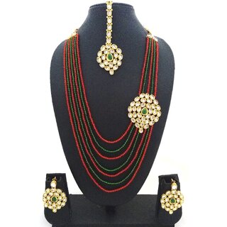 Charming Jewelry Bridal Red Green Crystal Kundan Necklace 4pc Jewelry Set.