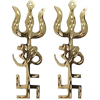 2 PCS Brass Swastik Om Trishul Trishakti Yantra Hanging For Vastu