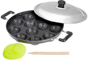Dynore Premium Aluminium Non-Stick 12 Cavity Silver Appam Patra Side Handle with lid (Color may vary).