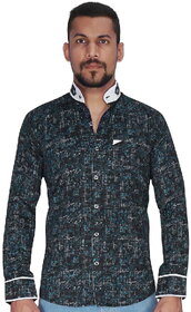 Black with Turquoise  White Print with Chinese Collar Shirt By Corporate Club.