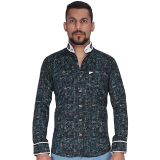 Black with Turquoise  White Print with Chinese Collar Shirt By Corporate Club.