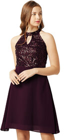 Women's Wine Red Round Neck Sleeveless Solid Sequin Flowy Knee-Long Skater Dress