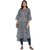 Janasya Women's Grey Cotton High Low Hemline Floral Print Kurta