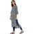 Janasya Women's Grey Cotton High Low Hemline Floral Print Kurta
