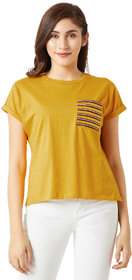 Miss Chase Women's Mustard Yellow Round Neck Continuous Short Sleeve Cotton Solid Twill Pocket T-Shirt