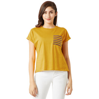 Miss Chase Women's Mustard Yellow Round Neck Continuous Short Sleeve Cotton Solid Twill Pocket T-Shirt
