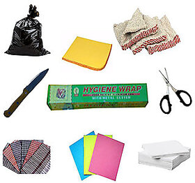 Combo of Kitchen Home Utility Garbage Bag,Duster,Napkin, Foil Paper, Knife, Scissors, Kitchen Wipes and Tissue Paper