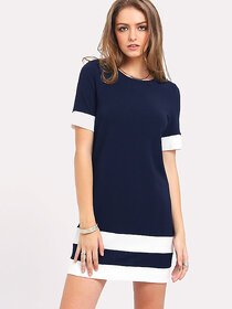 Vivient Women Nevy Blue Plain White Block Printed Short Dress