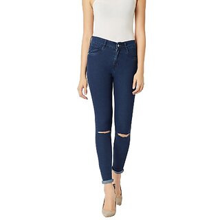 Miss Chase Women's Navy Blue Skinny Fit High Rise Regular Length Clean Look Knee Slit Denim Stretchable Jeans