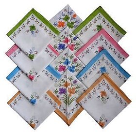Pack of 12 Women Floral Printed Cotton Handkerchief (Hanky)