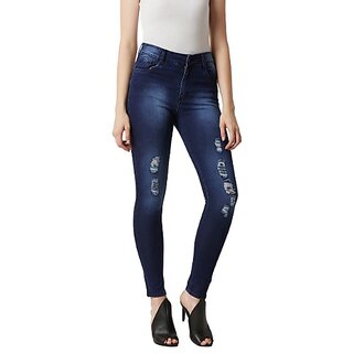 Miss Chase Women's Blue Skinny Fit Mid Rise Mildly Distressed Regular Length Ripped Denim Jeans