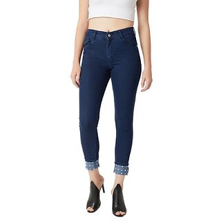 Miss Chase Women's Navy Blue Skinny Fit High Rise Regular Length Pearl Embellished On The Hem Denim Stretchable Jeans