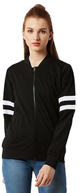 Miss Chase Women's Black Round Neck Full Sleeve Cotton Solid Stripe Detailing Bomber Jacket